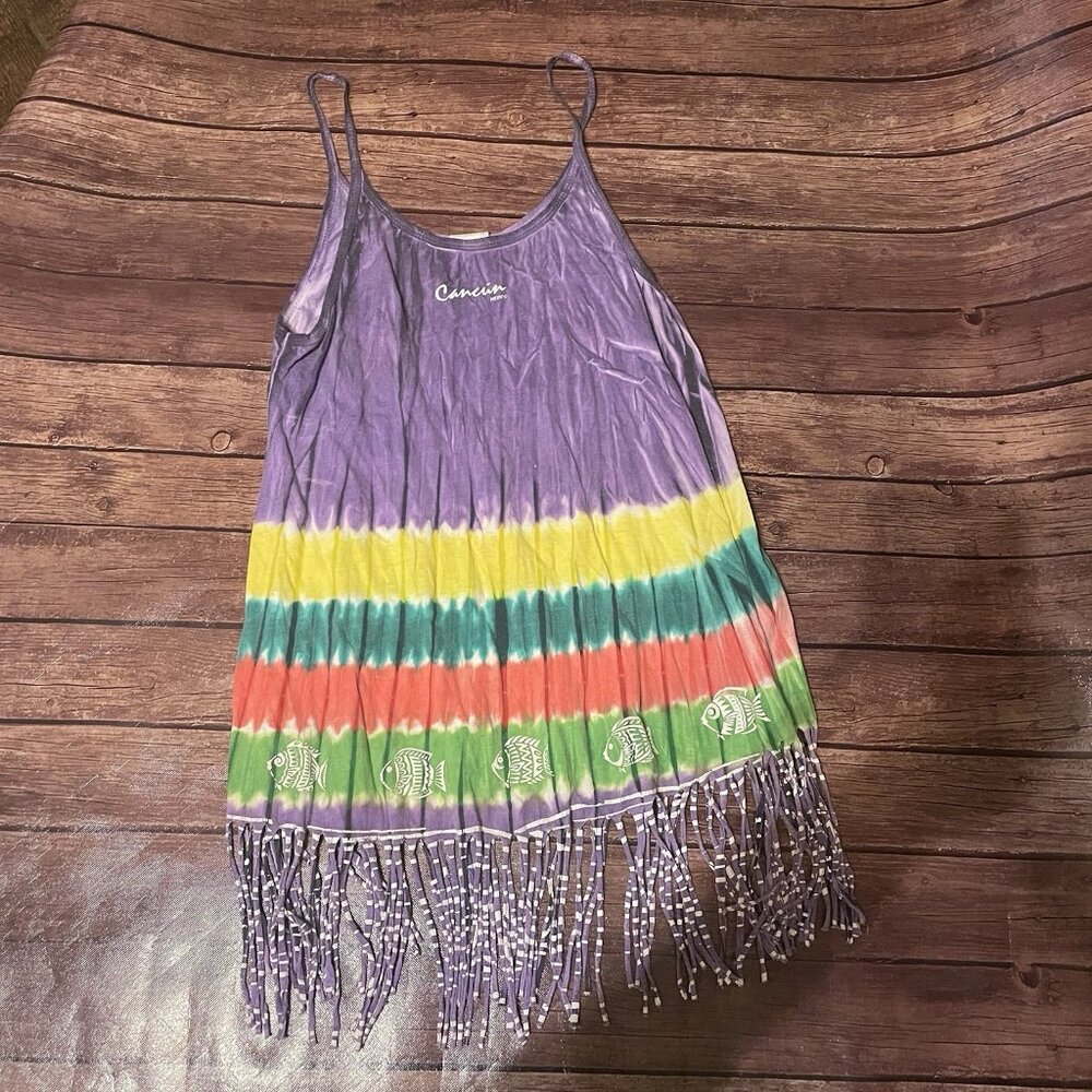 Women’s Cancun One Size Beach Cover Up Dress Tropical Rainbow Striped Fringe
